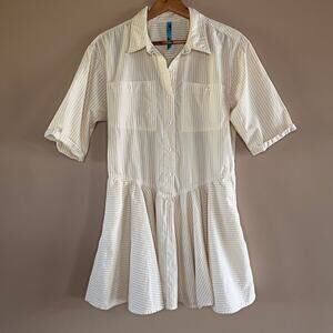Free People Short Sleeve Mini Dress Yellow Beige Striped Ruffled Dress Small